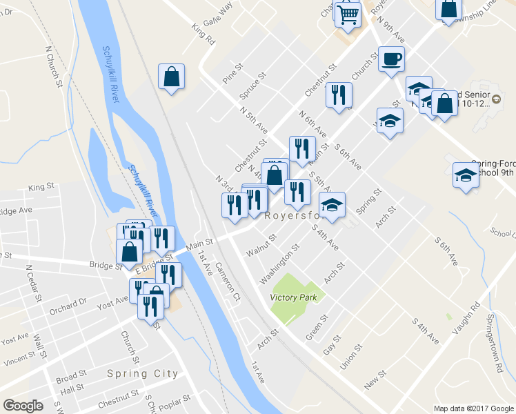 map of restaurants, bars, coffee shops, grocery stores, and more near 308 Summer St in Royersford