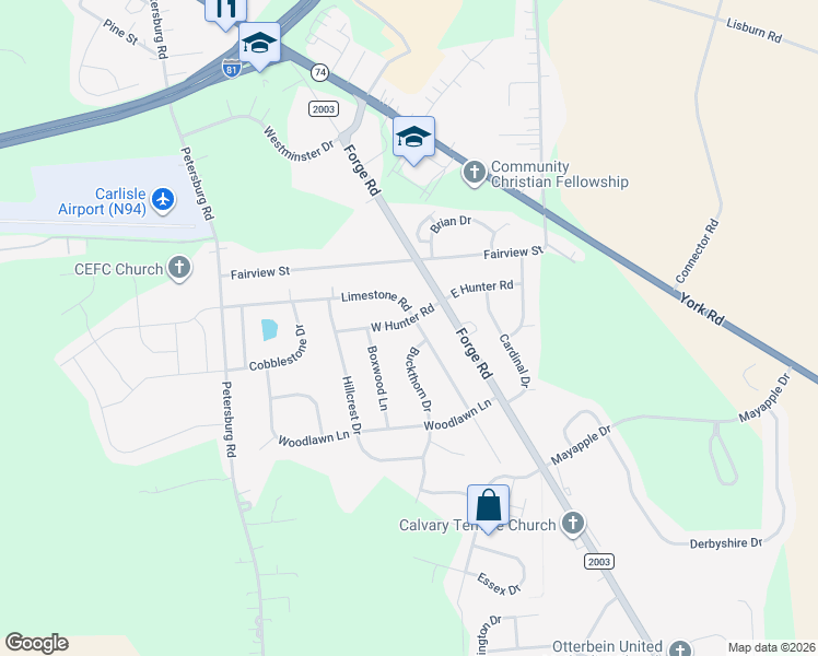 map of restaurants, bars, coffee shops, grocery stores, and more near 101 West Hunter Road in Carlisle