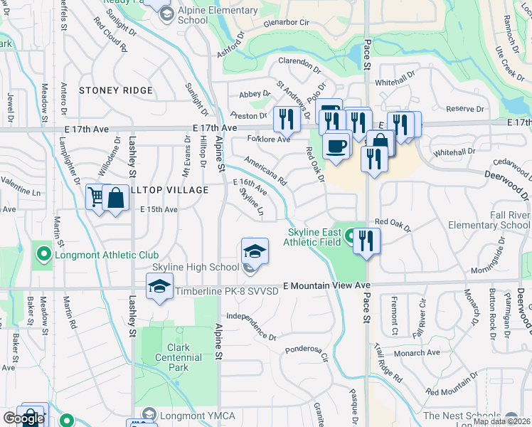 map of restaurants, bars, coffee shops, grocery stores, and more near 1531 Skyline Lane in Longmont