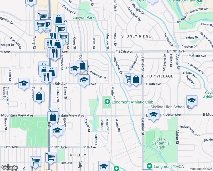 map of restaurants, bars, coffee shops, grocery stores, and more near 20 15th Avenue in Longmont