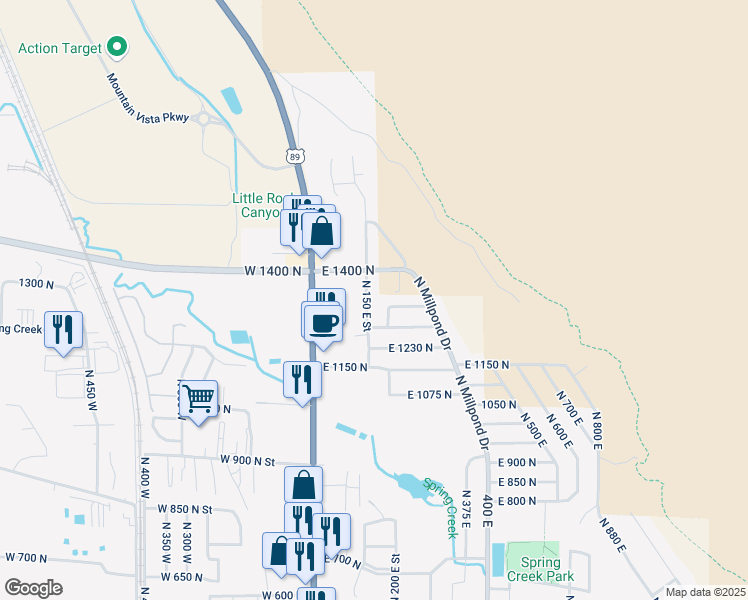 map of restaurants, bars, coffee shops, grocery stores, and more near 1334 North 200 East Street in Springville