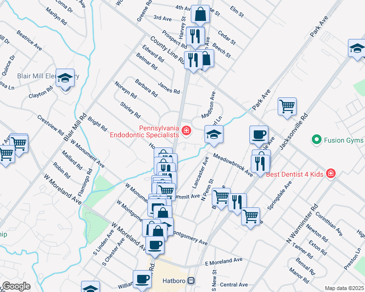 map of restaurants, bars, coffee shops, grocery stores, and more near 26 Kings Court in Hatboro