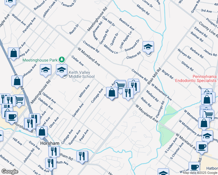 map of restaurants, bars, coffee shops, grocery stores, and more near 200 Cedar Avenue in Horsham