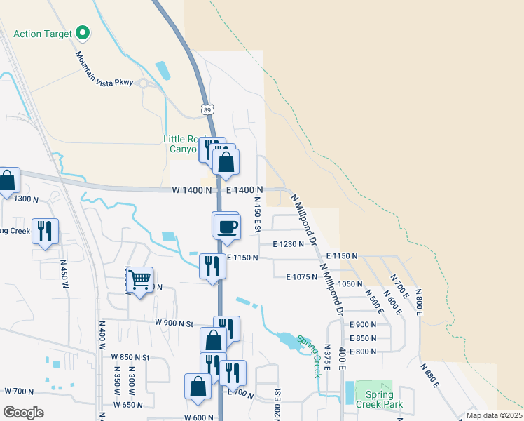 map of restaurants, bars, coffee shops, grocery stores, and more near 1334 North 200 East Street in Springville