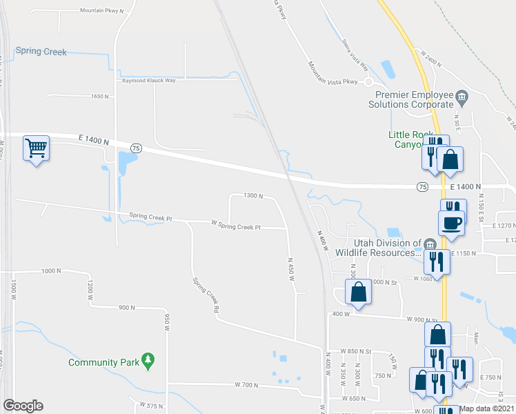 map of restaurants, bars, coffee shops, grocery stores, and more near 545 1300 North in Springville