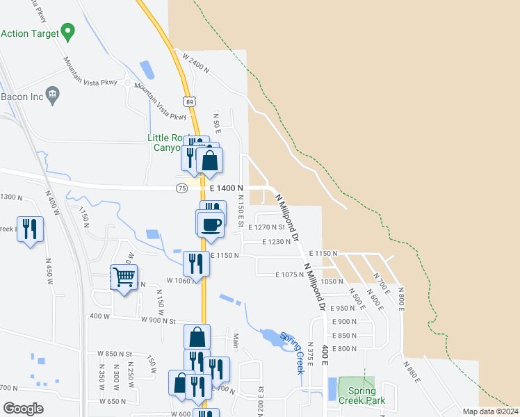 map of restaurants, bars, coffee shops, grocery stores, and more near 205 East 1300 North Street in Springville