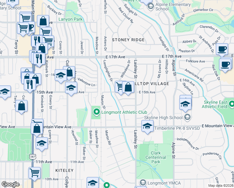 map of restaurants, bars, coffee shops, grocery stores, and more near 34 East 15th Avenue in Longmont