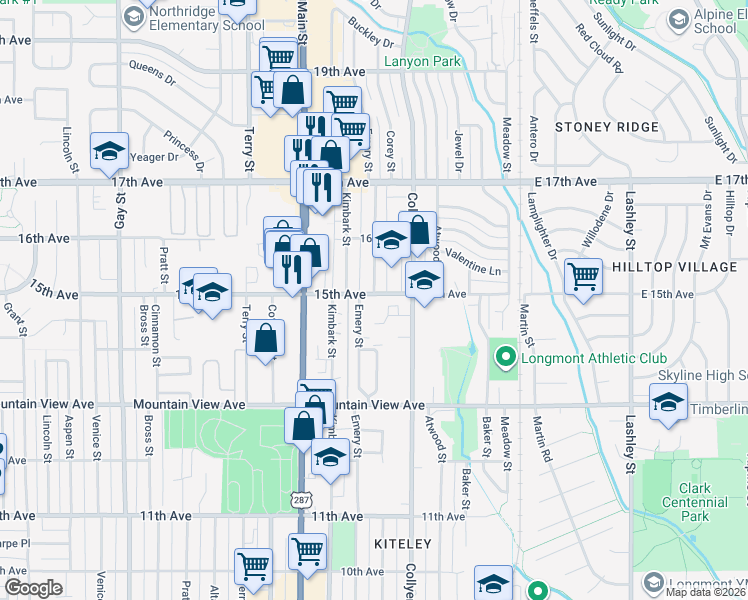 map of restaurants, bars, coffee shops, grocery stores, and more near 330 15th Avenue in Longmont