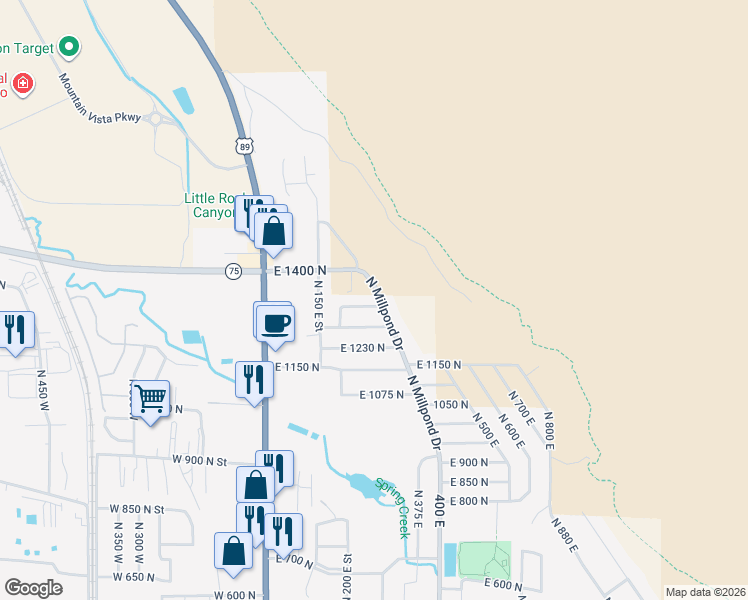 map of restaurants, bars, coffee shops, grocery stores, and more near 1333 North Millpond Drive in Springville