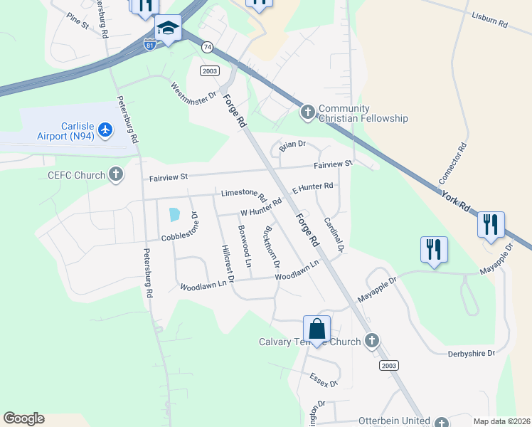 map of restaurants, bars, coffee shops, grocery stores, and more near 101 West Hunter Road in Carlisle