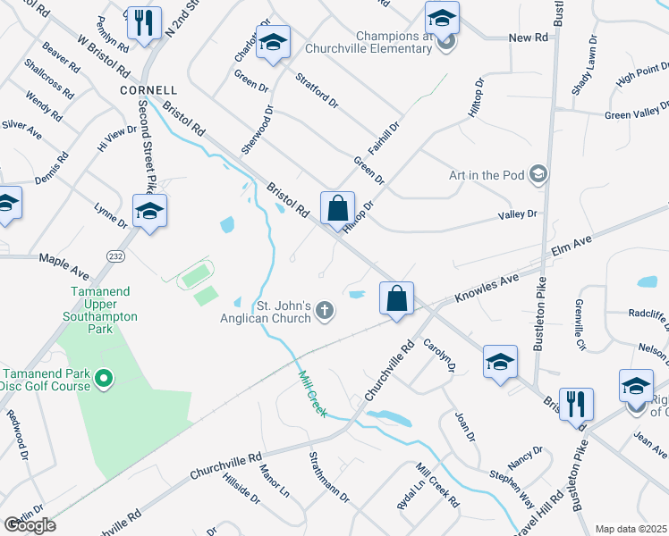 map of restaurants, bars, coffee shops, grocery stores, and more near 1475 Charter Court in Southampton