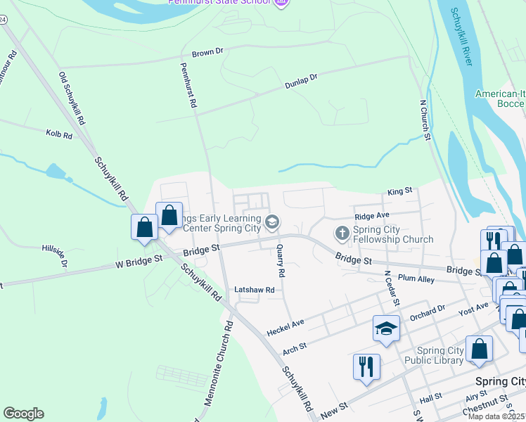 map of restaurants, bars, coffee shops, grocery stores, and more near 619 Washington Square in Spring City