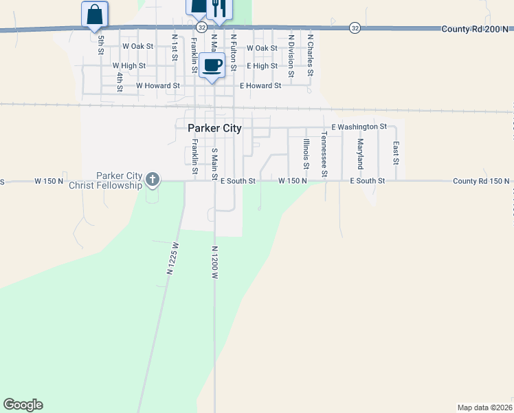 map of restaurants, bars, coffee shops, grocery stores, and more near 11847 West 150 North in Parker City