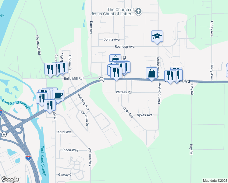 map of restaurants, bars, coffee shops, grocery stores, and more near 440 Ross Road in Red Bluff