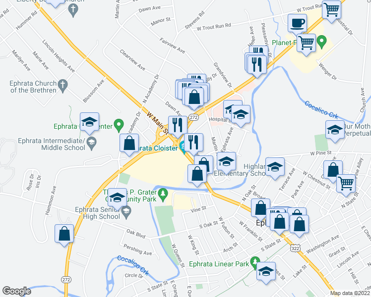 map of restaurants, bars, coffee shops, grocery stores, and more near 637 West Main Street in Ephrata