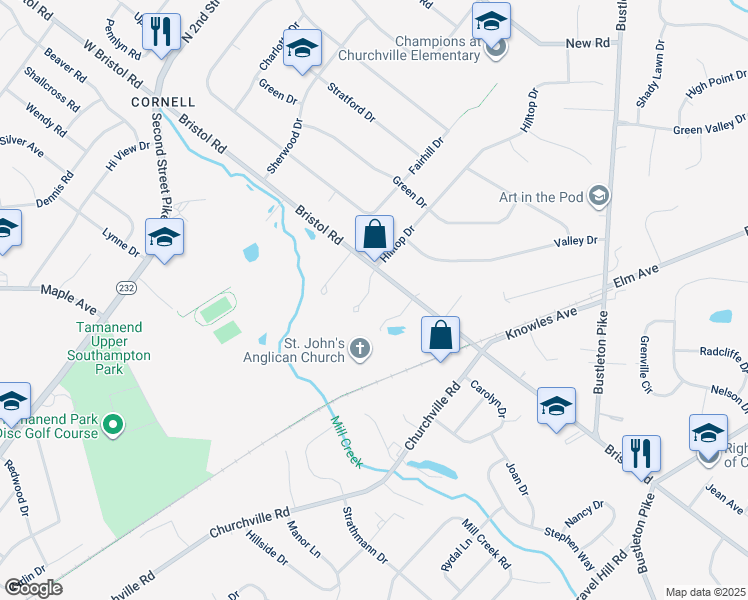 map of restaurants, bars, coffee shops, grocery stores, and more near 1475 Charter Court in Southampton