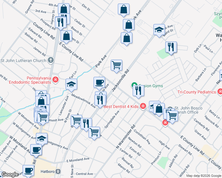 map of restaurants, bars, coffee shops, grocery stores, and more near 469b Oakdale Avenue in Hatboro