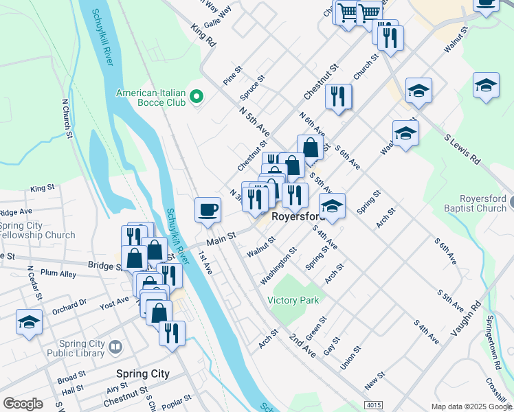 map of restaurants, bars, coffee shops, grocery stores, and more near 308 Summer St in Royersford