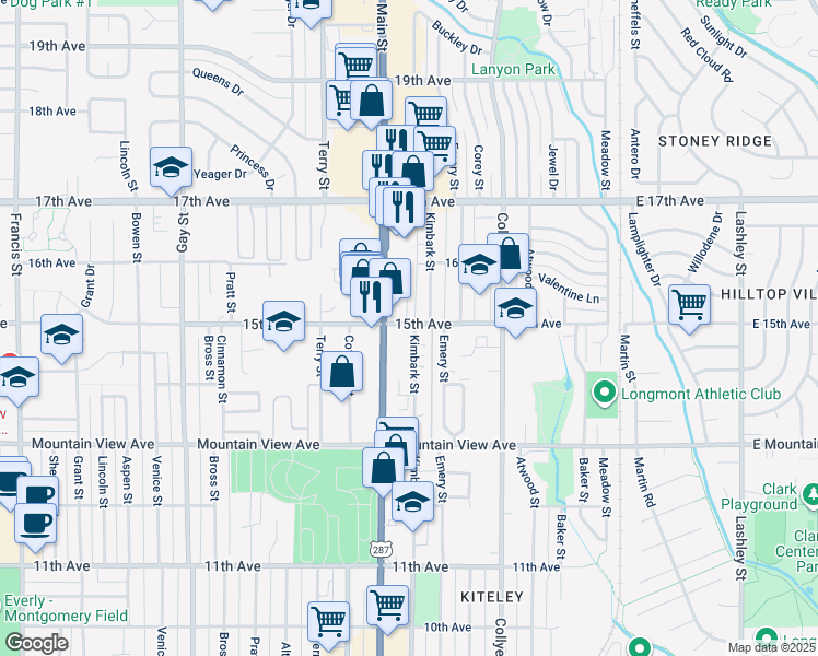 map of restaurants, bars, coffee shops, grocery stores, and more near 1447 Kimbark Street in Longmont