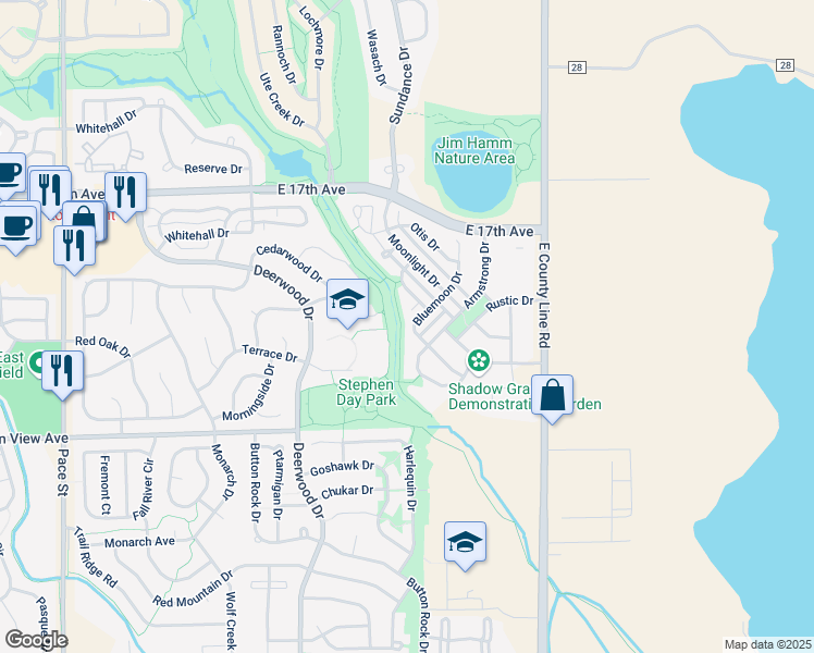 map of restaurants, bars, coffee shops, grocery stores, and more near 1411 Bluemoon Drive in Longmont