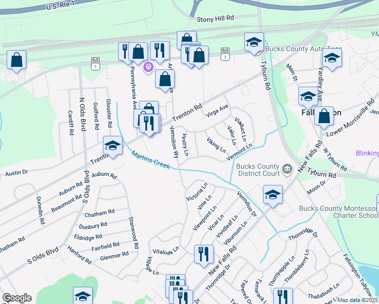 map of restaurants, bars, coffee shops, grocery stores, and more near 6 Vestry Lane in Levittown
