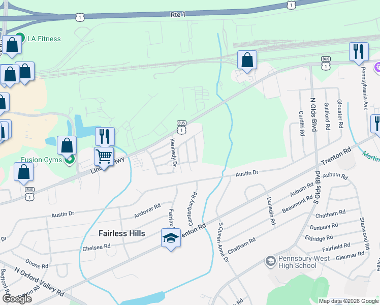 map of restaurants, bars, coffee shops, grocery stores, and more near 212 Jefferson Drive in Fairless Hills
