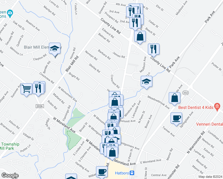 map of restaurants, bars, coffee shops, grocery stores, and more near 10 Home Road in Hatboro