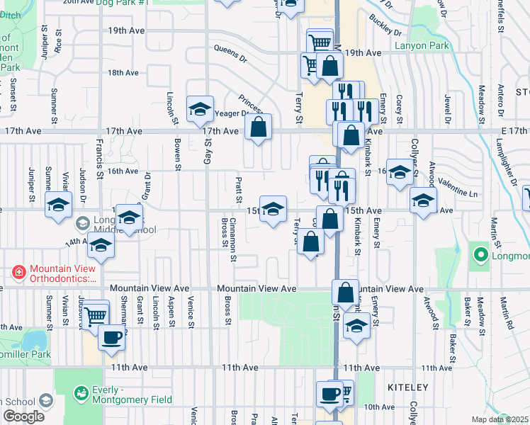 map of restaurants, bars, coffee shops, grocery stores, and more near 827 15th Avenue in Longmont