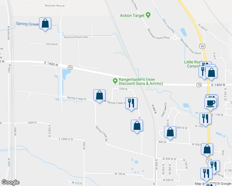 map of restaurants, bars, coffee shops, grocery stores, and more near 1278 750 West in Springville