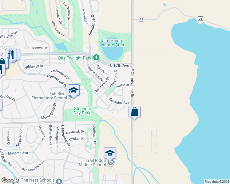 map of restaurants, bars, coffee shops, grocery stores, and more near 1830 Nadine Lane in Longmont
