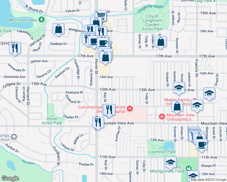 map of restaurants, bars, coffee shops, grocery stores, and more near 2200 15th Avenue in Longmont