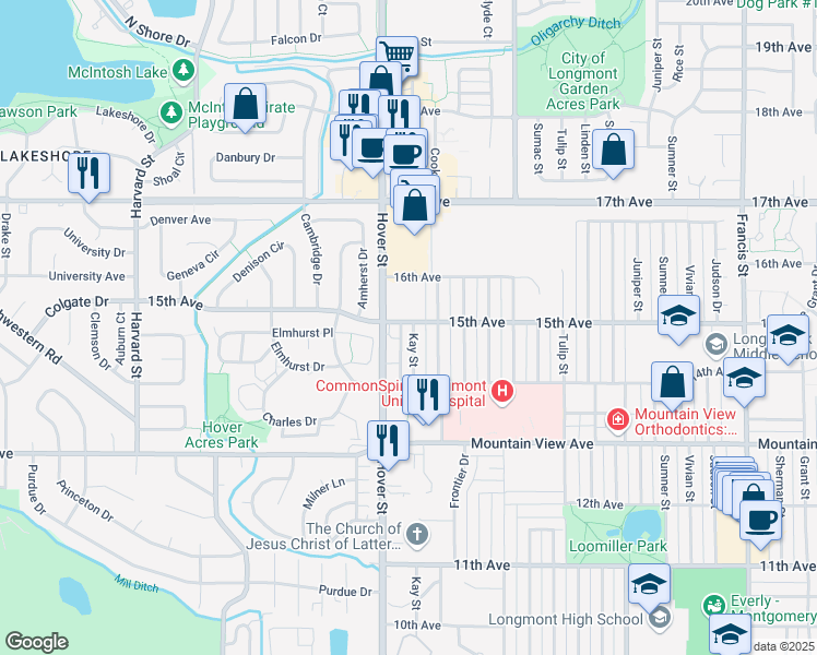 map of restaurants, bars, coffee shops, grocery stores, and more near 1446 Hover Street in Longmont