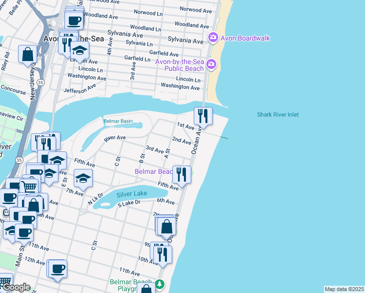 map of restaurants, bars, coffee shops, grocery stores, and more near 201 Ocean Avenue in Belmar