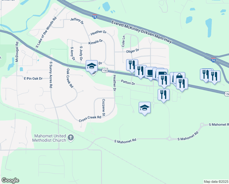 map of restaurants, bars, coffee shops, grocery stores, and more near 1427 Caro Court in Mahomet
