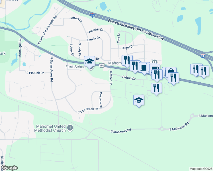 map of restaurants, bars, coffee shops, grocery stores, and more near 1427 Caro Court in Mahomet