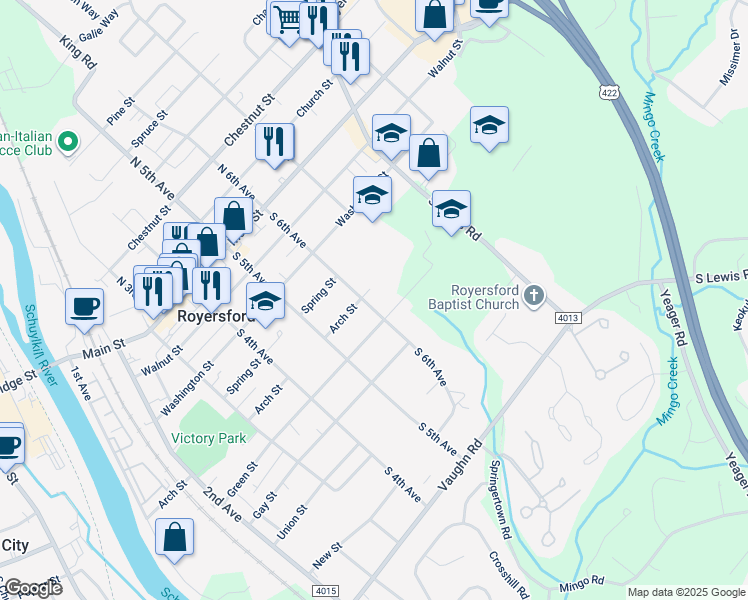 map of restaurants, bars, coffee shops, grocery stores, and more near 410 South 6th Avenue in Royersford