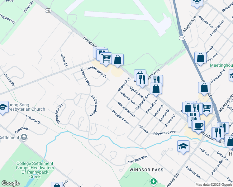 map of restaurants, bars, coffee shops, grocery stores, and more near 417 Walnut Avenue in Horsham