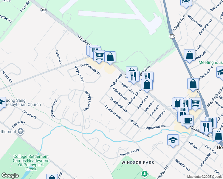 map of restaurants, bars, coffee shops, grocery stores, and more near 415B Walnut Avenue in Horsham