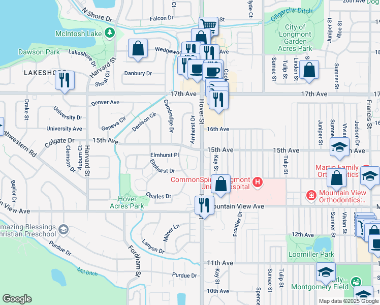 map of restaurants, bars, coffee shops, grocery stores, and more near 2317 15th Avenue in Longmont