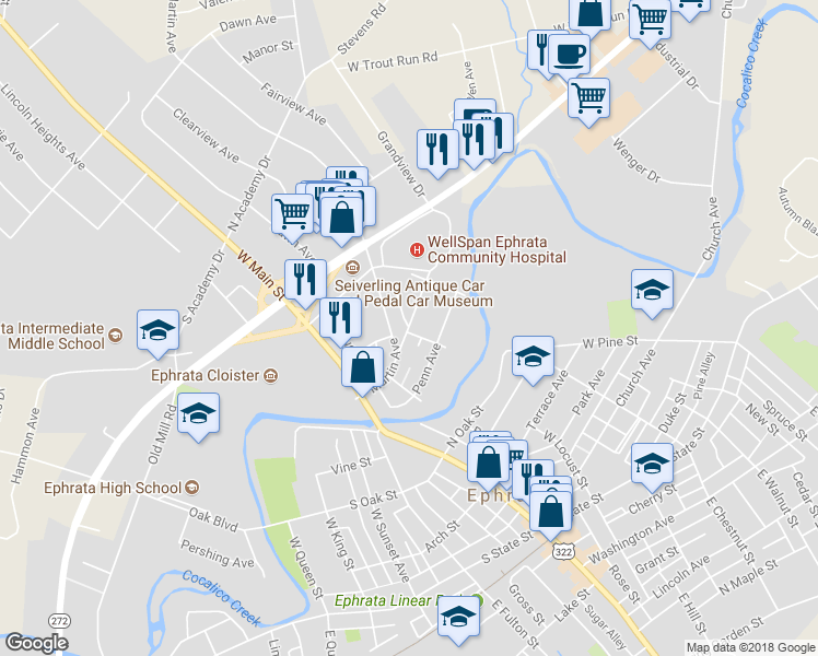 map of restaurants, bars, coffee shops, grocery stores, and more near 19 Ephrata Avenue in Ephrata