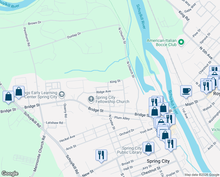 map of restaurants, bars, coffee shops, grocery stores, and more near 365 Ridge Avenue in Spring City