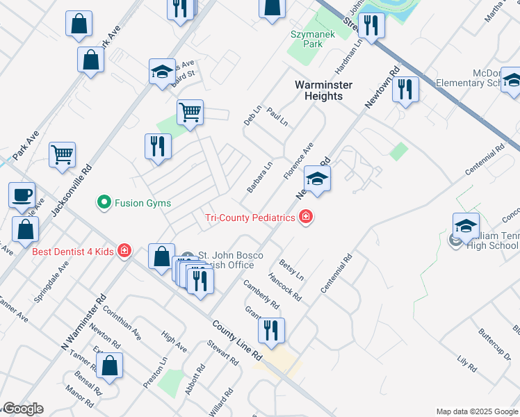 map of restaurants, bars, coffee shops, grocery stores, and more near 202 Florence Avenue in Warminster