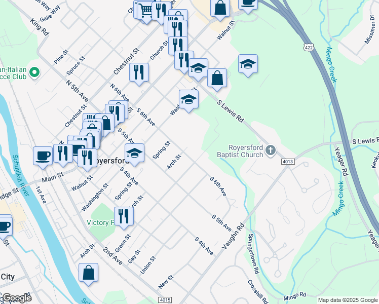 map of restaurants, bars, coffee shops, grocery stores, and more near 410 South 6th Avenue in Royersford