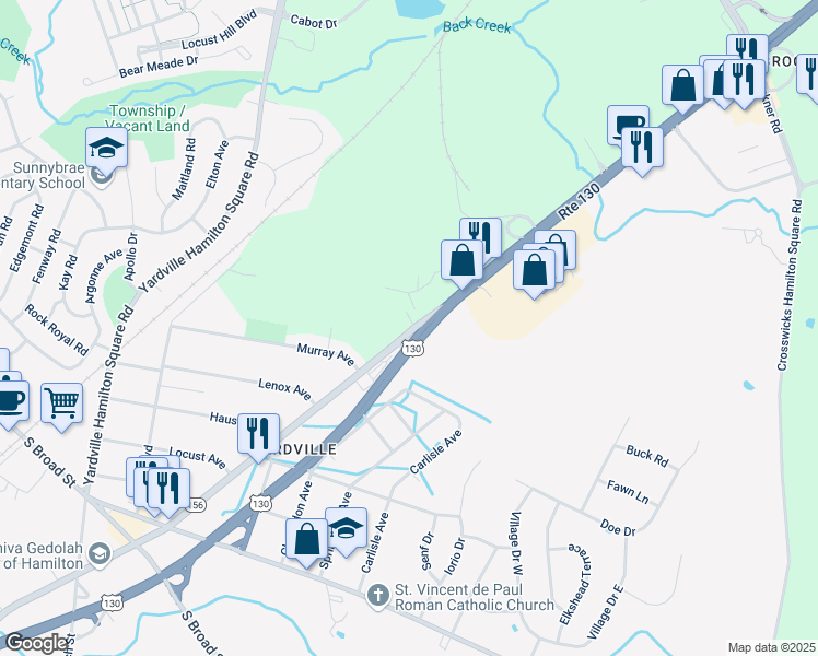 map of restaurants, bars, coffee shops, grocery stores, and more near 504 East State Street in Trenton