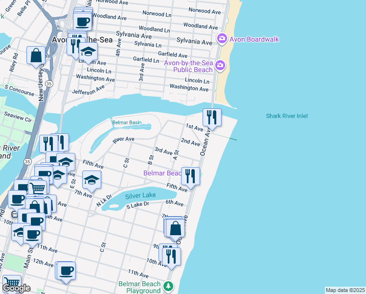 map of restaurants, bars, coffee shops, grocery stores, and more near 109 2nd Avenue in Belmar