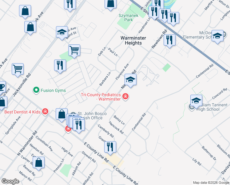 map of restaurants, bars, coffee shops, grocery stores, and more near 234 Newtown Road in Warminster