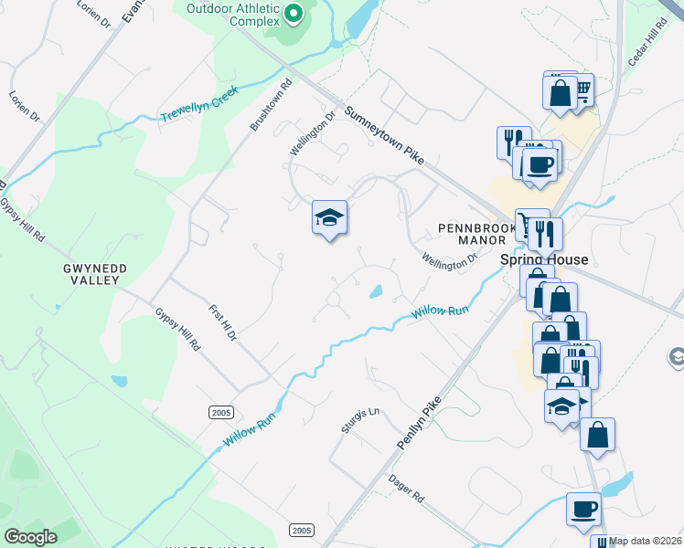 map of restaurants, bars, coffee shops, grocery stores, and more near 1 Hedge Row in Spring House