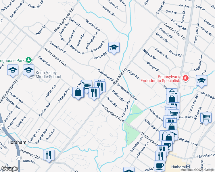 map of restaurants, bars, coffee shops, grocery stores, and more near 112 Blair Mill Road in Hatboro