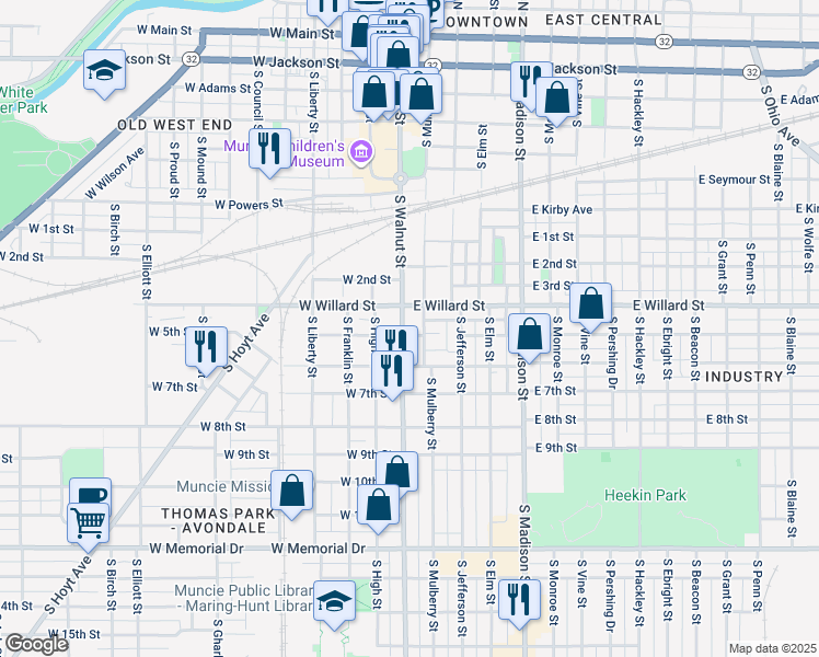 map of restaurants, bars, coffee shops, grocery stores, and more near 1124 South Walnut Street in Muncie