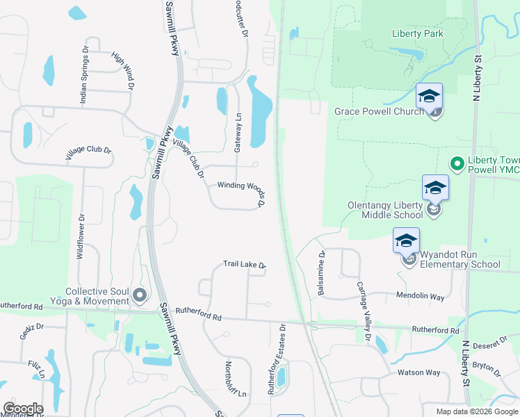 map of restaurants, bars, coffee shops, grocery stores, and more near 3261 Winding Woods Drive in Powell